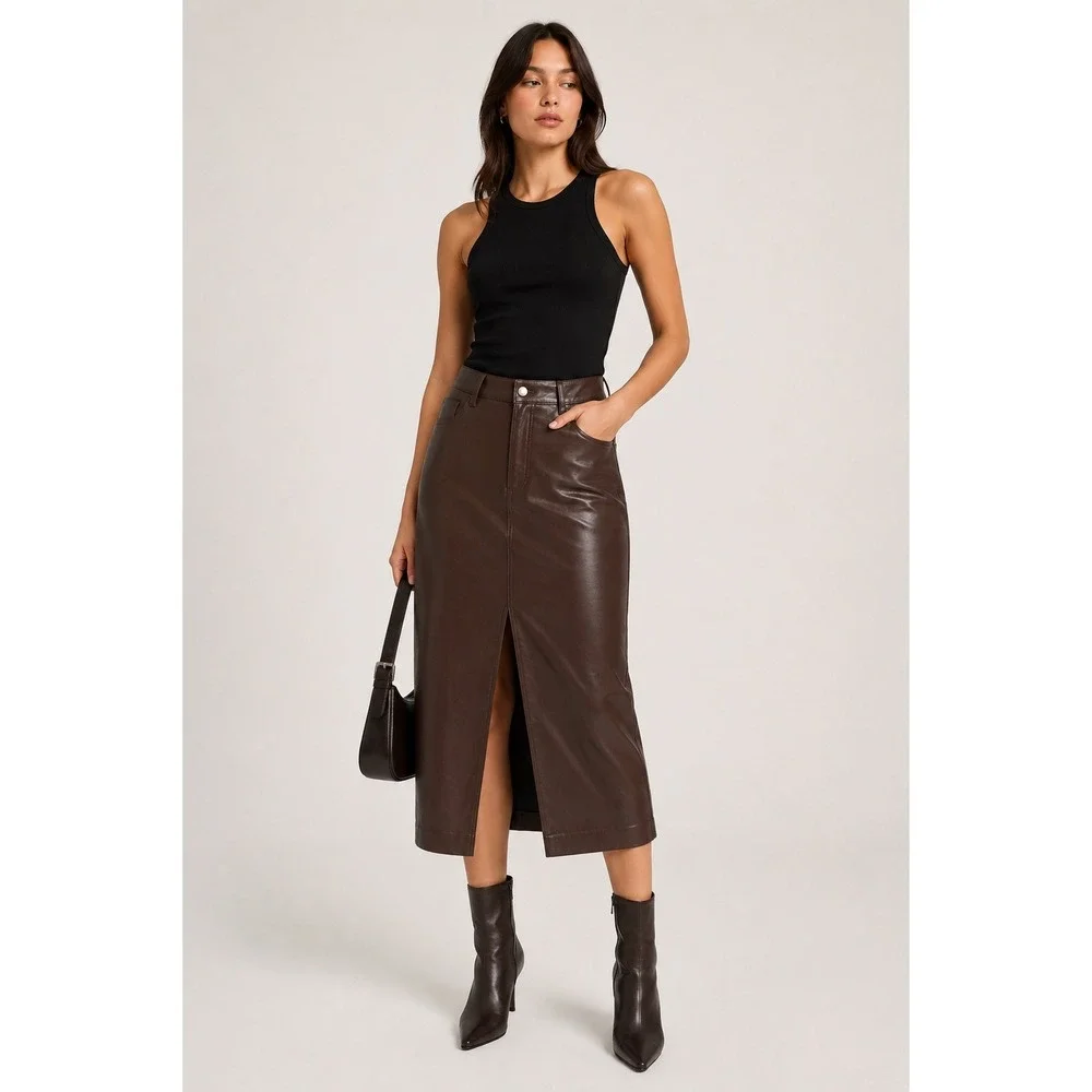 Express 12 Vegan Leather‎ Midi Skirt Brown Straight Front Slit